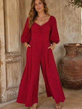 Knox Rose Red Dot Puff Sleeve Wide Leg Jumpsuit Pockets L Boho Cottagecore EUC